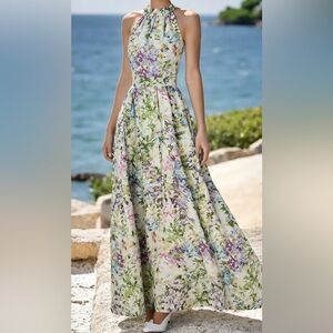 Floral Halter Maxi Dress in White with Pastel Print #101